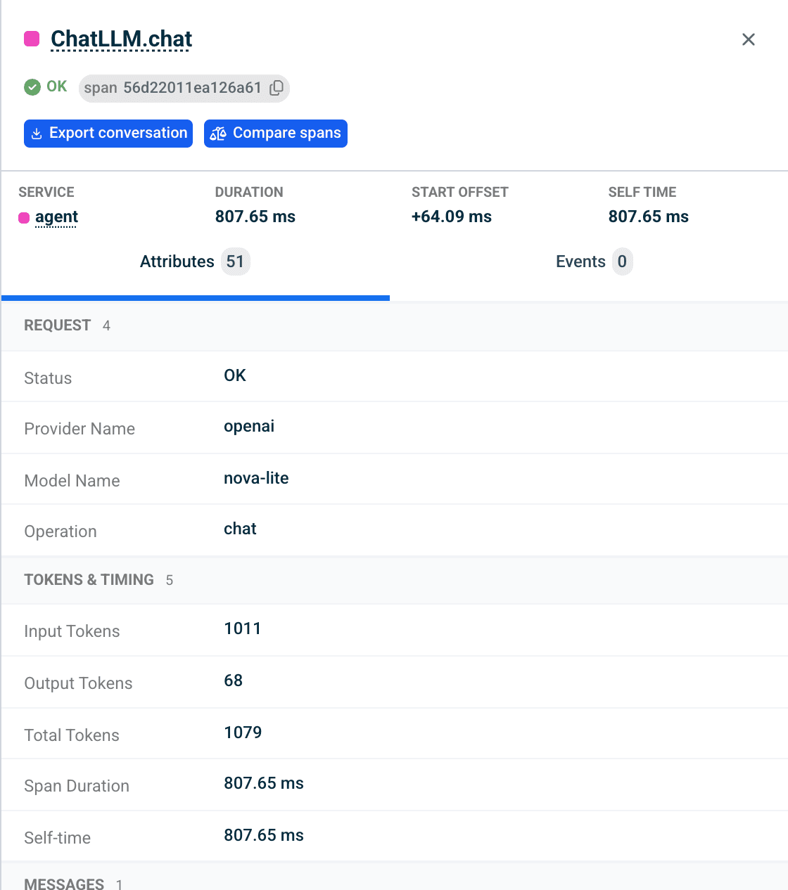 Details of an LLM step with Export conversation and Compare spans buttons, request attributes, and token counts